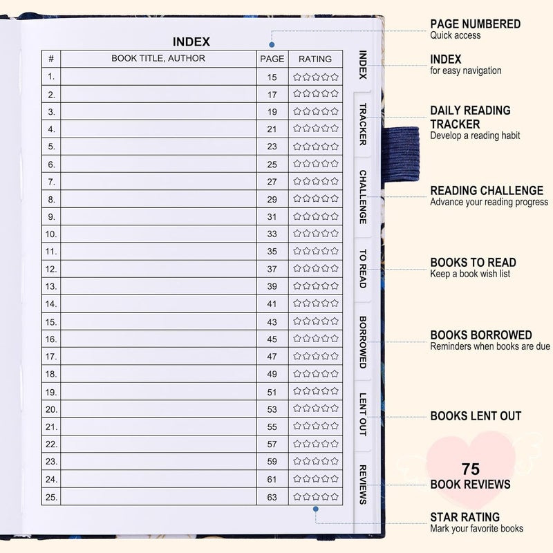 COMKISO Store Reading Journal for Book Lovers - 75 Book Journal Reading Log for Book Tracking, A5 Linen Book Review Journal with TBR Tracker List, Ratings, Challenges, Prompts, and Index - Floral - Image 3